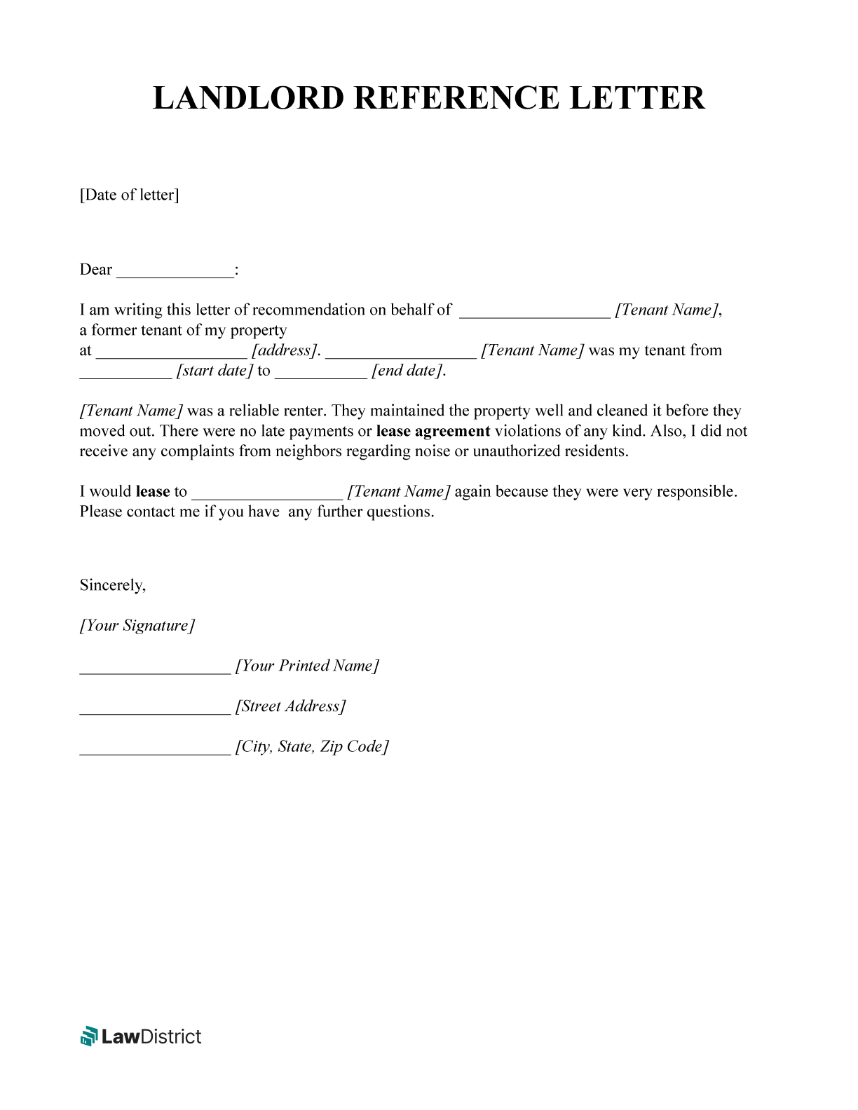 Landlord reference letter sample