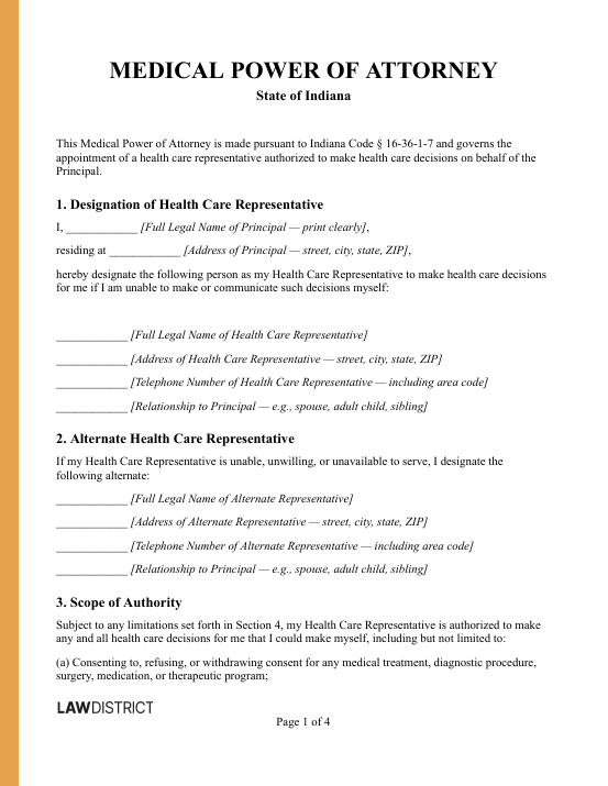Sample of an Indiana Medical Power of Attorney form
